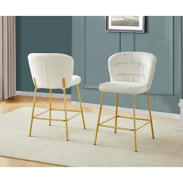 Best Quality Furniture Danisha Cream Fluffy Fabric Counter Height Stool (Set of 2) with Gold Chrome Plated Legs
