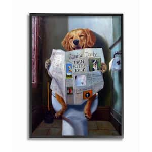 11 in. x 14 in. "Dog Reading the Newspaper On Toilet Funny Painting" by Artist Lucia Heffernan Framed Wall Art