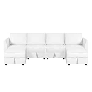 56.1 in. Modern Faux Leather U-Shaped Sectional Sofa with Reversible Chaise Sectional Sofa with Ottoman in. Bright White