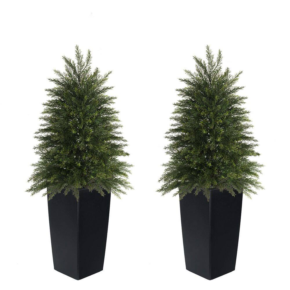 4 ft. Artificial Cedar Tree with Black Square Planters Fake Cypress Shrubs for Front Porch Garden Home Decor (Set of 2)