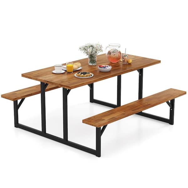 Costway 63 in. Brown and Black Rectangle Iron Picnic Table Seats 6