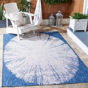 Courtyard Beige/Navy Doormat 2 ft. x 4 ft. Floral Abstract Indoor/Outdoor Area Rug