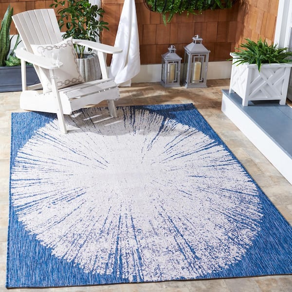 Courtyard Beige/Navy 7 ft. x 7 ft. Floral Abstract Indoor/Outdoor Square Area Rug