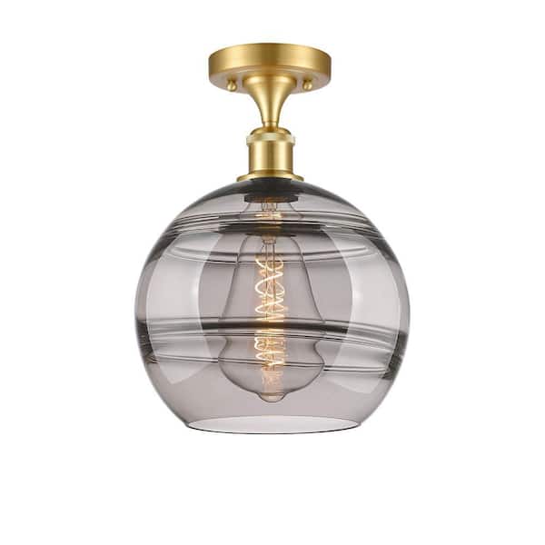 Rochester 10 in. 1-Light Satin Gold Industrial Semi-Flush Mount with Smoked Glass Shade