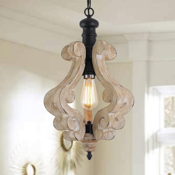 1-Light Vintage Black Retro Lantern Rustic Wooden Pendant Light