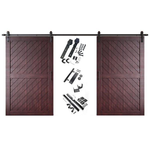 HOMACER XT1 42 in. x 80 in. C-Panel Red Mahogany Slanted Stripe Design Double Pine Wood Sliding Barn Door with Hardware Kit