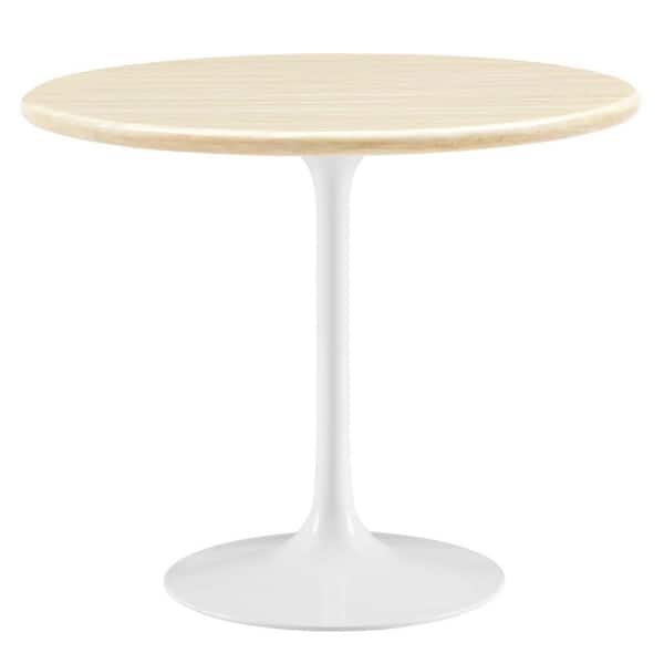 MODWAY Lippa in White Travertine Wood 36 in. Pedestal Round Artificial Travertine Dining Table Seat of 4