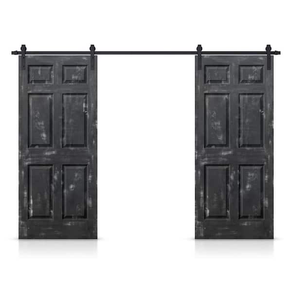 CALHOME 36 in. x 80 in. Vintage Black Stain Composite MDF 6-Panel Interior Double Sliding Barn Door with Hardware Kit