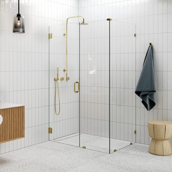 50 in. W x 34 in. D x 78 in. H Pivot Frameless Corner Shower Enclosure in Polished Brass Finish with Clear Glass