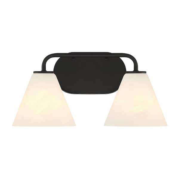 Savoy House Blair 15.5 in. W x 8 in. H 2-Light Matte Black Transitional Bathroom Vanity Light with White Strie Glass Shades