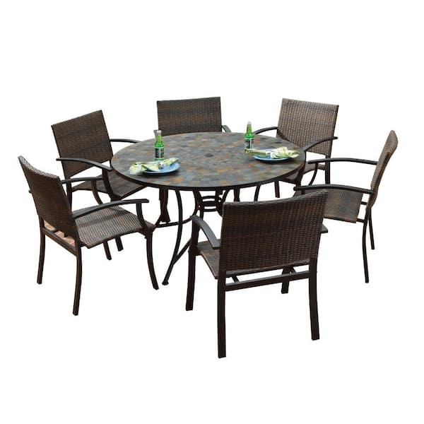 HOMESTYLES Stone Harbor 51 in. 7-Piece Slate Tile Top Round Patio Dining Set with Newport Chairs