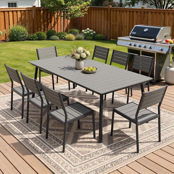 8 seat patio set with umbrella Sophia & William 9 Pieces Outdoor Dining for People, 53" Square Cast Aluminum Table and 8 Rattan Chairs Set, All Weather Patio Dining Set 2.1 Hole Designed for both comfort and durability 8 Pieces Rectangle Wood &