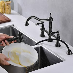 Antique Classic Double Handle Bridge Kitchen Faucet With Pull-Out Side Spray in Matte Black