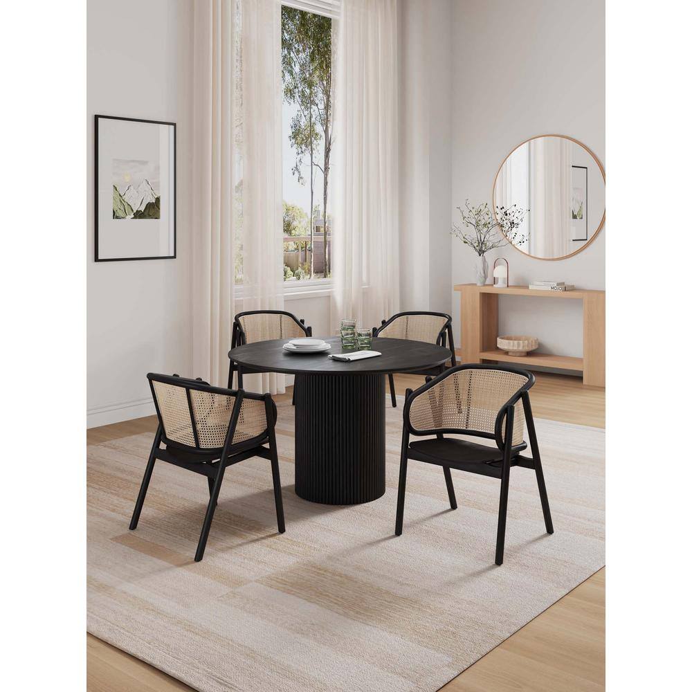 Black Ash Wood Round Dining Table with 4 Cane Chairs