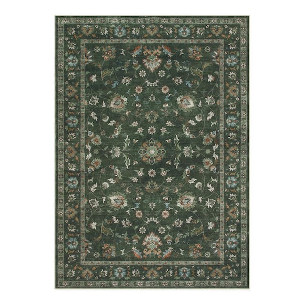 Vintage Floral Vine Washable Non-Slip Green 5 ft. x 7 ft. Area Rug
