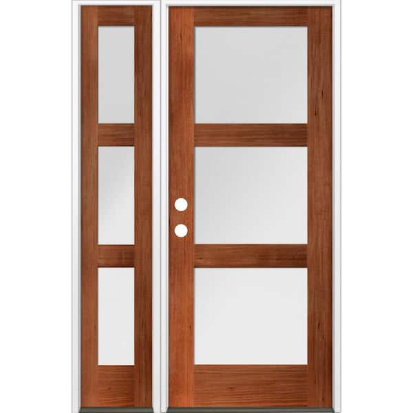 Krosswood Doors 50 in. x 80 in. Modern Hemlock 3-Lite Right-Hand/Inswing Satin Glass Red Chestnut Stain Wood Prehung Front Door