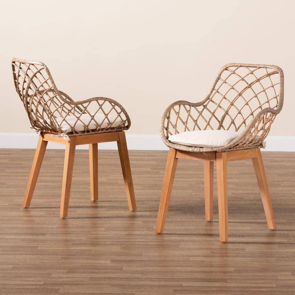 Bohemian Greywashed Rattan and Natural Brown Dining Chair Set with Cushions