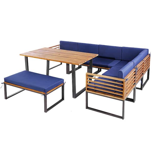 Gymax 8-Piece Patio Dining Set Acacia Wood L Shaped Sectional Sofa Outdoor Dining Set with Navy Cushions