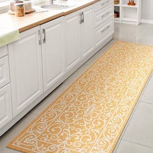 Charleston Vintage Filigree Textured Weave Yellow/Cream 2 ft. x 10 ft. Indoor/Outdoor Area Rug