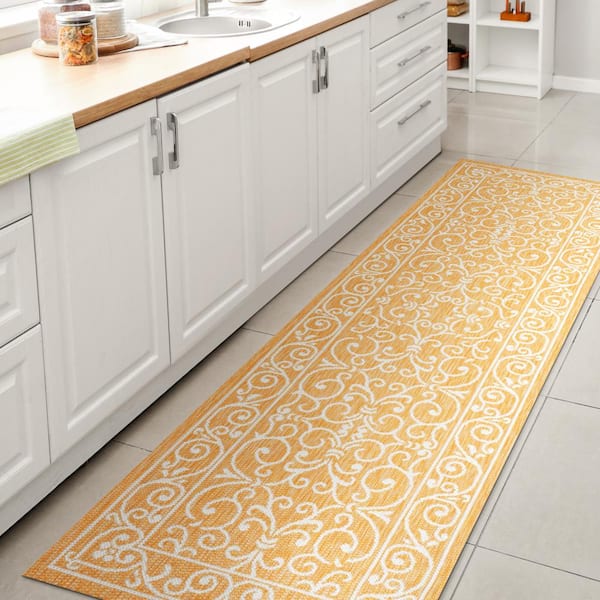JONATHAN Y Charleston Vintage Filigree Textured Weave Yellow/Cream 2 ft. x 10 ft. Indoor/Outdoor Area Rug