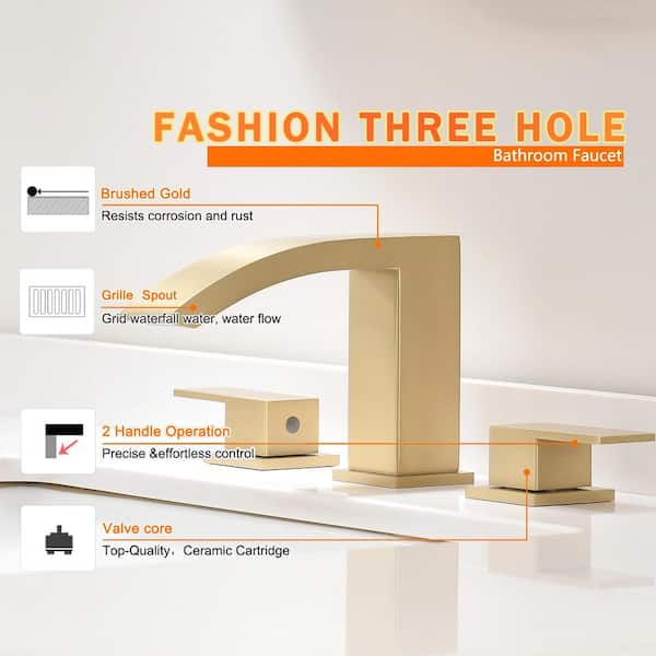 8 in. Widespread Double Handle Grille Shape Waterfall Spout Bathroom Sink Faucet with Pop Up Drain in Brushed Gold