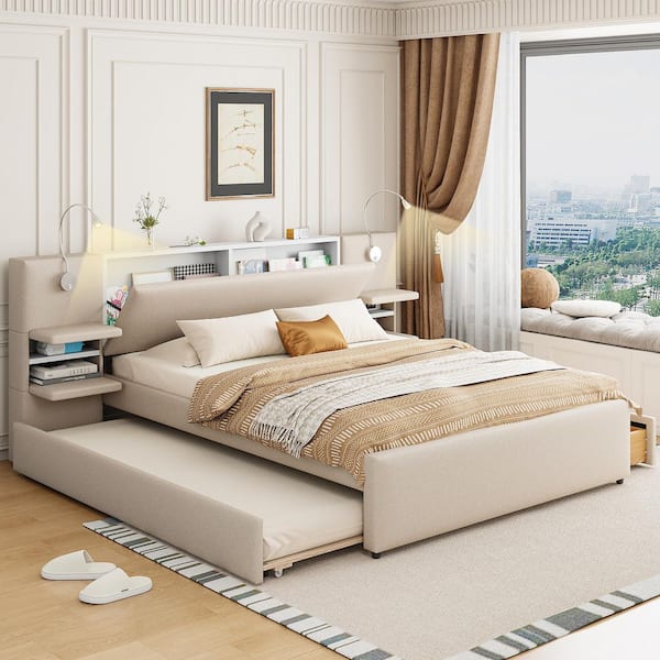 Beige Wood Frame Queen Size Upholstered Platform Bed with Trundle, 2 Drawers, Reading Lights and Shelves