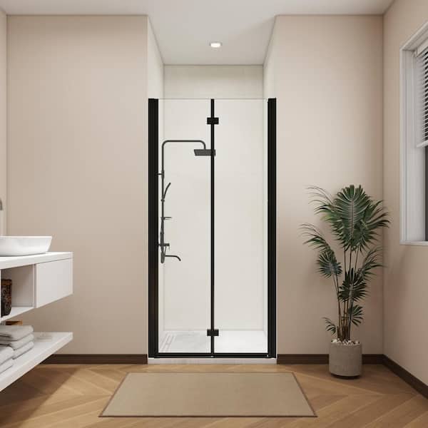 ANGELES HOME 34-35 3/8 in. W x 72 in. H Bi-Fold Semi-Frameless Shower Door in Matte Black Finish with 1/4 in. Tempered Clear Glass