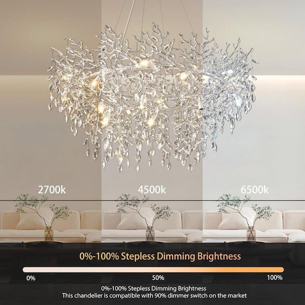 PUYRNF 47.2 in. 16-Light Modern Branch Crystal Chandelier, Silver