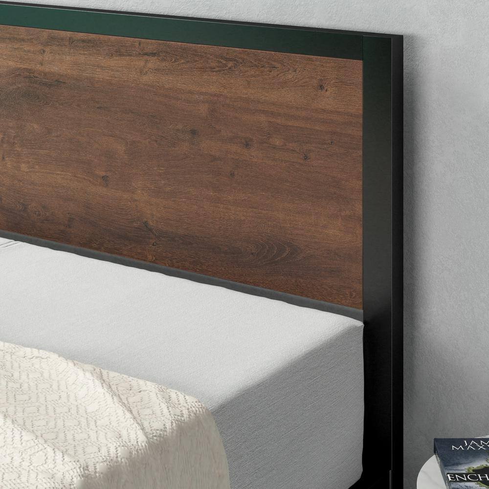Full Black Metal Platform Bed Frame with Wood Headboard