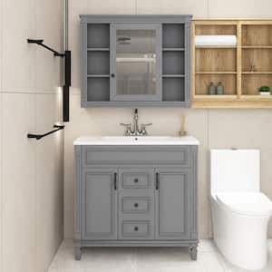 36 in. W x 18 in. D x 33 in. H Single Sink Grey Freestanding Bath Vanity in White Resin Top Sink with Mirror Cabinet