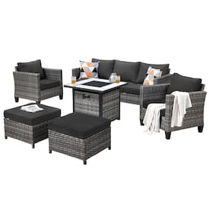 Megon Holly 6-Piece Wicker Outdoor Patio Fire Pit Seating Sofa Set with Black Cushions