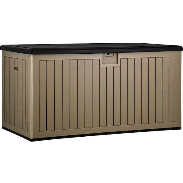 DEXTRUS 230 Gal. Large Resin Outdoor Deck Box with Divider and Side Handle, Dark Gray and Brown