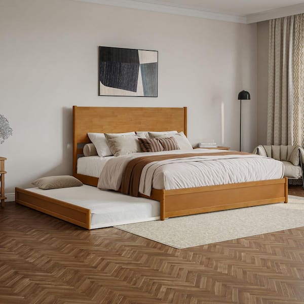 Ronan Light Toffee Natural Bronze Wood Frame King Platform Bed with Footboard and Twin XL Trundle