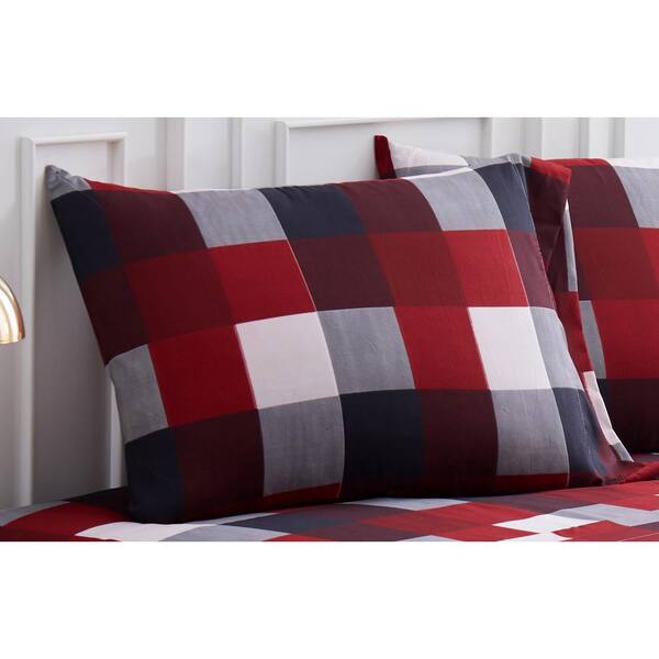 Harper Lane Buffalo Plaid 4-Piece Flannel Sheet Set, Red, Queen, Cotton