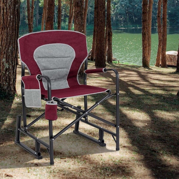 Outdoor Rocker Camping Chair for Adults with Dual Springs Padded Back Red