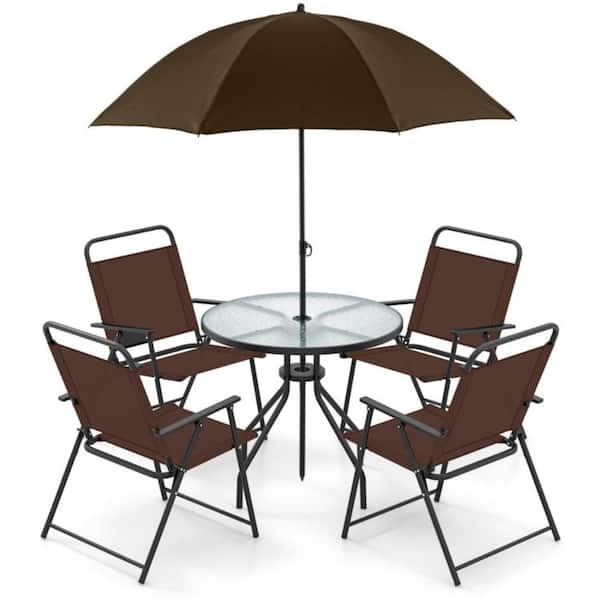6-Piece Outdoor Dining Set Folding Chairs Glass Tabletop with Coffee Umbrella