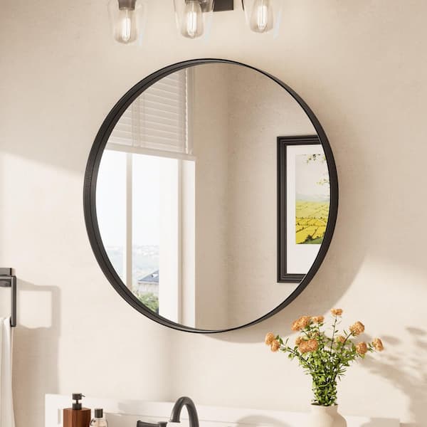 30 in. W x 30 in. H Medium Round Aluminum Framed Modern Wall Mounted Bathroom Vanity Mirror in Matt Black