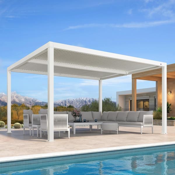PURPLE LEAF 12 ft. x 14 ft. White Aluminum Frame Outdoor Hardtop Louvered Pergola with Adjustable Rainproof Roof and In-Built Gutter
