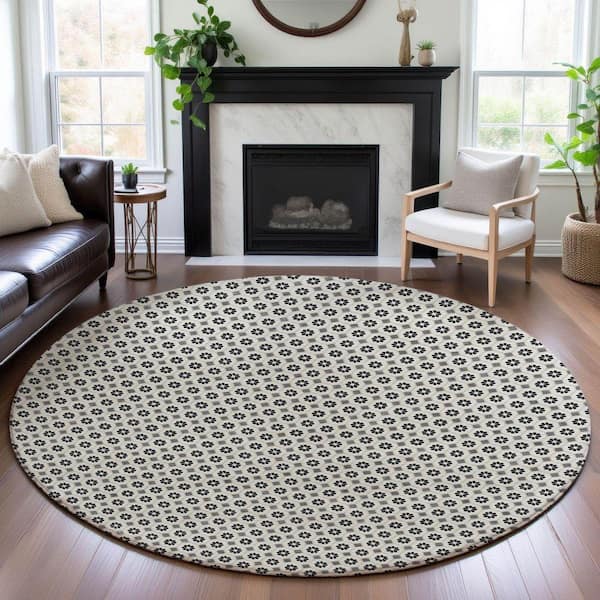 Mayfield Premium Machine Washable Abstract AMF1428 Ivory 8 ft. x 8 ft. Round Rug