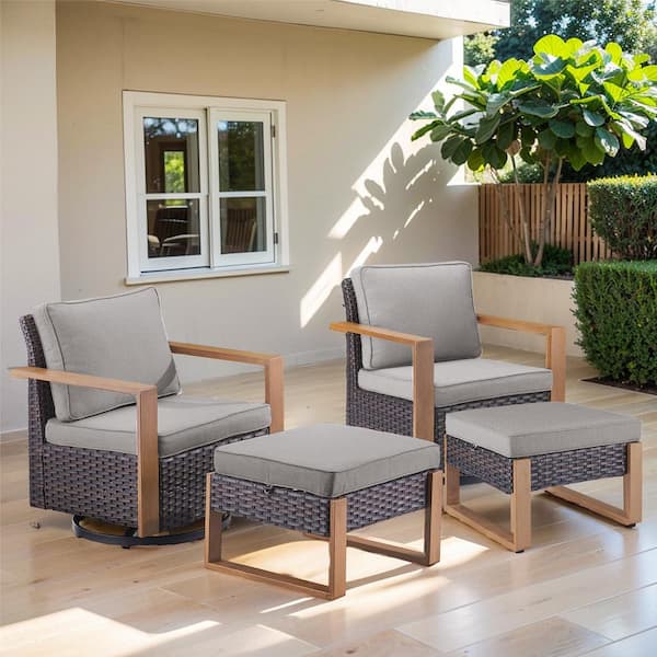 Gymojoy Allcot 4-Piece Brown Patio Swivel Chair with Ottoman Wicker Outdoor Rocking Chair with CushionGuard Gray Cushions