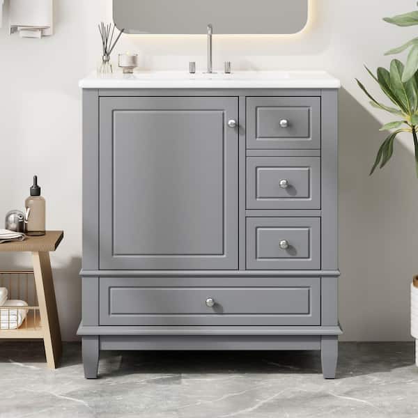 30 in. Single Sink Freestanding Grey Bath Vanity with White Ceramic Top and 3 Drawer Storage Cabinet Unassembled