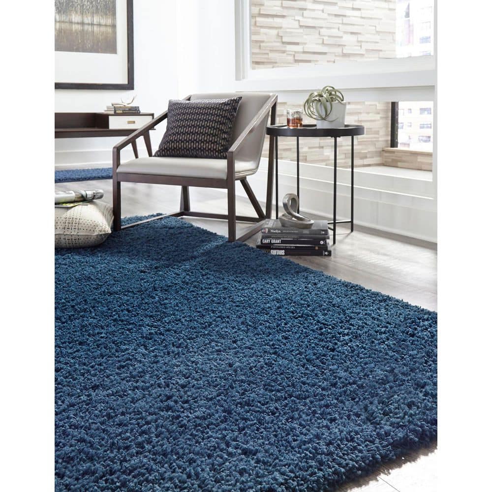 Navy Blue High Pile Shag Rectangular Area Rug