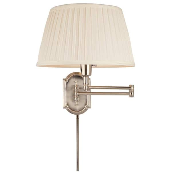 Hampton Bay 23.25 in. 1-Light Brushed Nickel Traditional Wall Mount Swing Arm Sconce Light with White Pleated Fabric Shade