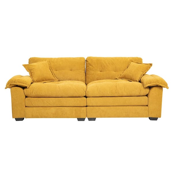 Modern 84 in. W Yellow Chenille 2-Seater Loveseat with 2-Pillows
