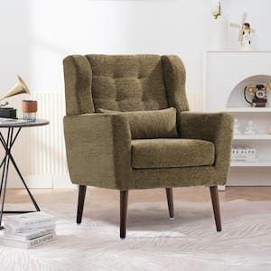 Light Brown Chenille Fabric Upholstered Accent Chair with Waist Pillow, Wood Legs with Pads