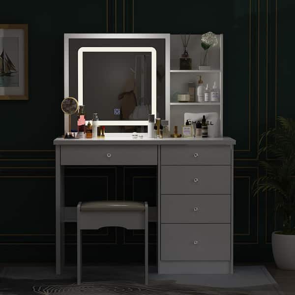 Makeup Corner Vanity Desk with Drawers Mirror and Light for Small Space  Dresser