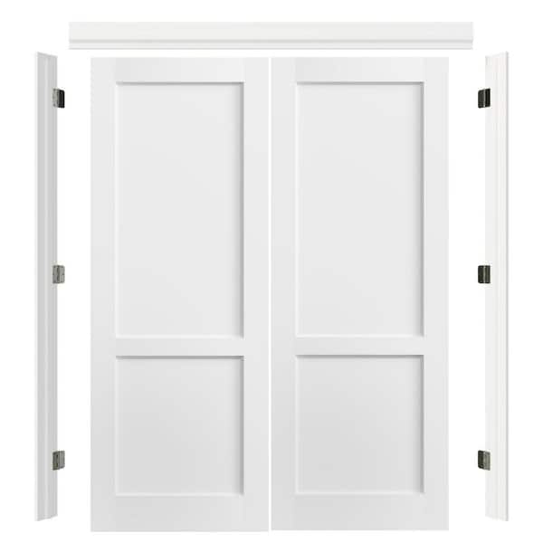 60 in. x 80 in. 2-Panel Core White Primed Pine Wood Universal Pre-hung French Door with Quick Assemble Jamb
