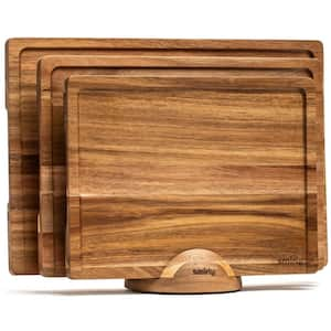 3-Piece Acacia Wood Cutting Board Set with Holder for Kitchen, Rectangular Wooden Chopping Board