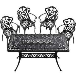 5-Piece Black Cast Aluminum Outdoor Dining Set, Patio Furniture with Rectangle Table and Random Color Cushions