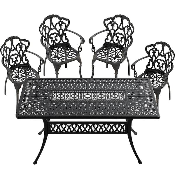 ToolCat 5-Piece Black Cast Aluminum Outdoor Dining Set, Patio Furniture with Rectangle Table and Random Color Cushions
